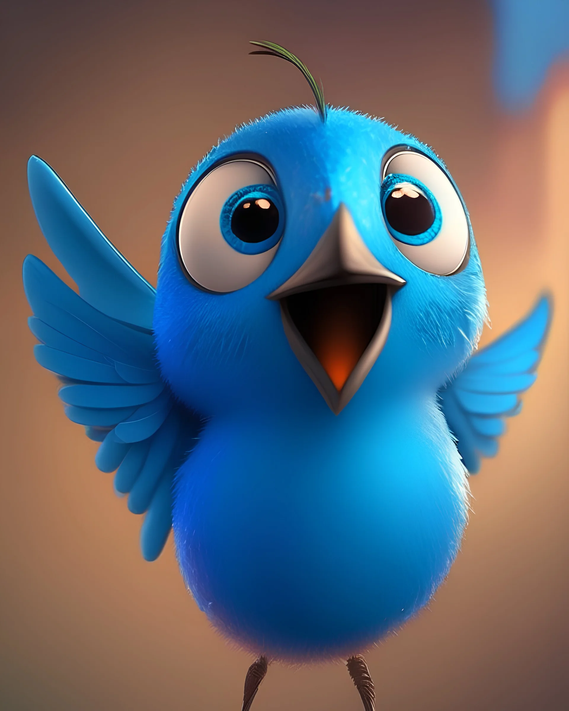 pixar style, blue cartoon hummingbird mascot with adorable eyes, friendly, waving to the camera, cinematic lighting