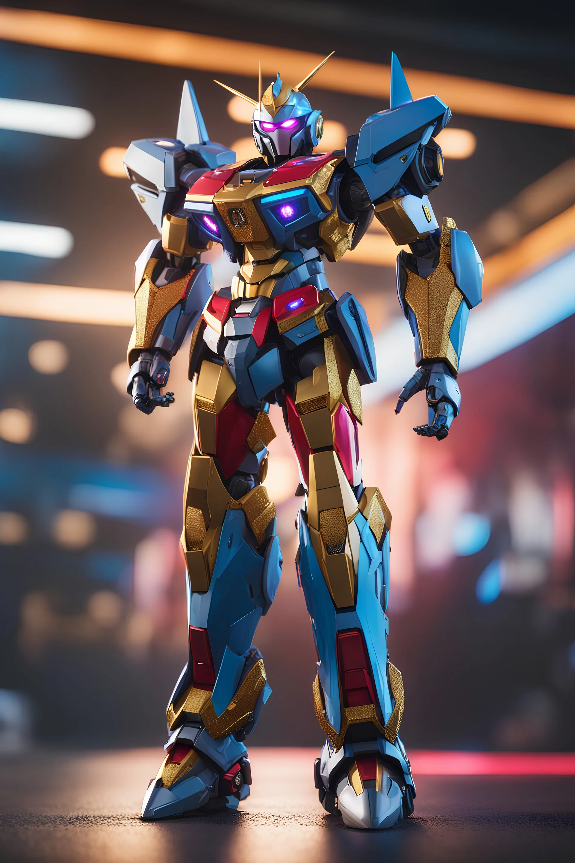 super robot with elements of Gundam, cool, gorgeous looks, anime, colorful outfit, highly detailed, sci-fi, futuristic, soft lighting, cinematic lightning, symmetrical, intricate, octane, bright color, 8k high definition, unreal engine 5, good pose, photo, sharp focus, ultra realistic, perfect anatomy, armor with glitter diamonds, jeweled skin, crystals, sapphires, ornate, white, translucent, silver