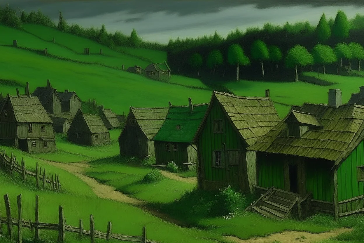 A dark green grassy town with wooden houses painted by Henri-Robert Bresil
