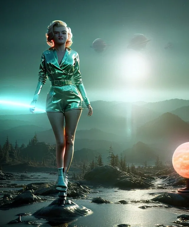 Ultra Realistic retro sci-fi 1960 scene, waist up view portrait, blonde woman, sweet young Marilyn Monroe face, perfect iris, tight latex coat, alien planet background, tight style, steel sphere dron levitating, fog, rain, soft color, highly detailed, unreal engine 5, ray tracing, RTX, lumen lighting, ultra detail, volumetric lighting, 3d, finely drawn, high definition, high resolution.