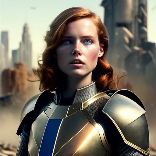 ultrarealistic, ruined city,__sci-fi armor__, __angles__, 18 year old woman, strikingly beautiful, ginger hair, _colour_, [__starlets__|__starlets__], (pale __skincolor__ skin:1.2), __camera__, _hair_, detailed face and eyes, medium breasts, leather choker, freckles, dynamic pose, resolved expression, __accessory__, strappy outfit, (straps:1.1), sword in scabard on left hip, (buckles, buttons, snaps, rings:1.0), haltertop style breastplate, detailed eyes, plump lips, sci-fi theme