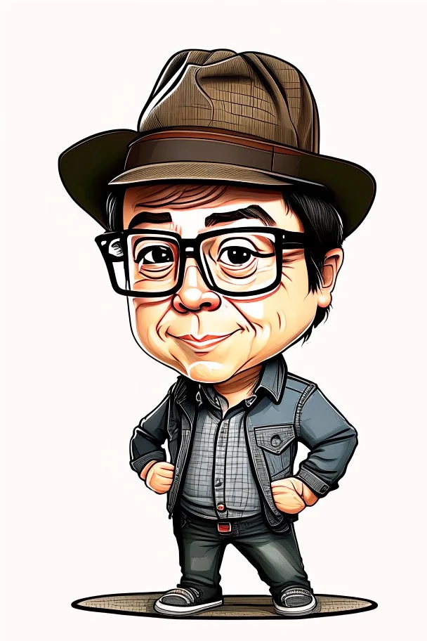 Drawing of Gustavo Petro serious with hat, jeans and shirt no lentes speaking in a speech full body chibi