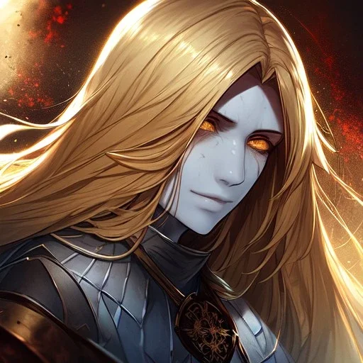 Goodness, Golden hair, Blood splatter, silver skin, portrait, max detail, hd, Long hair, dark souls style, detailed eyes, eye color blue