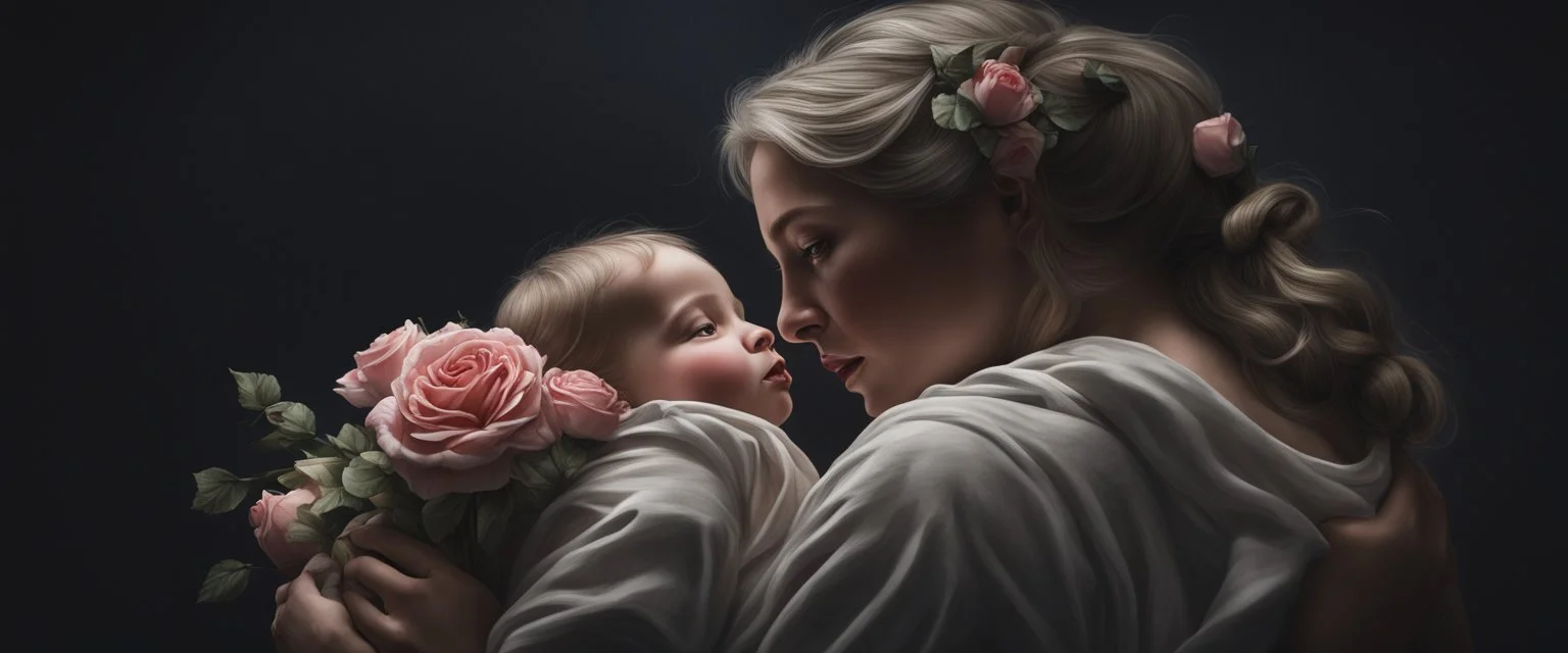 Hyper Realistic side portrait of a mother carrying her child with flowers & roses around them at night in a dark room