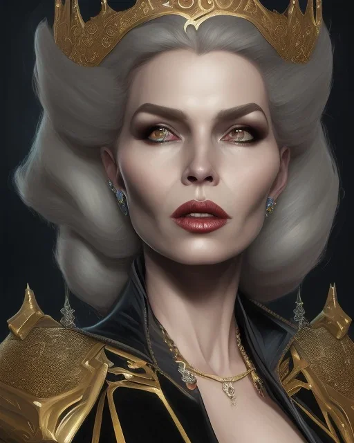 old evil queen in black leather gown, femme fatale, volouptous, busty, cleavage, angry, emperious, 8k resolution concept art portrait by Greg Rutkowski,