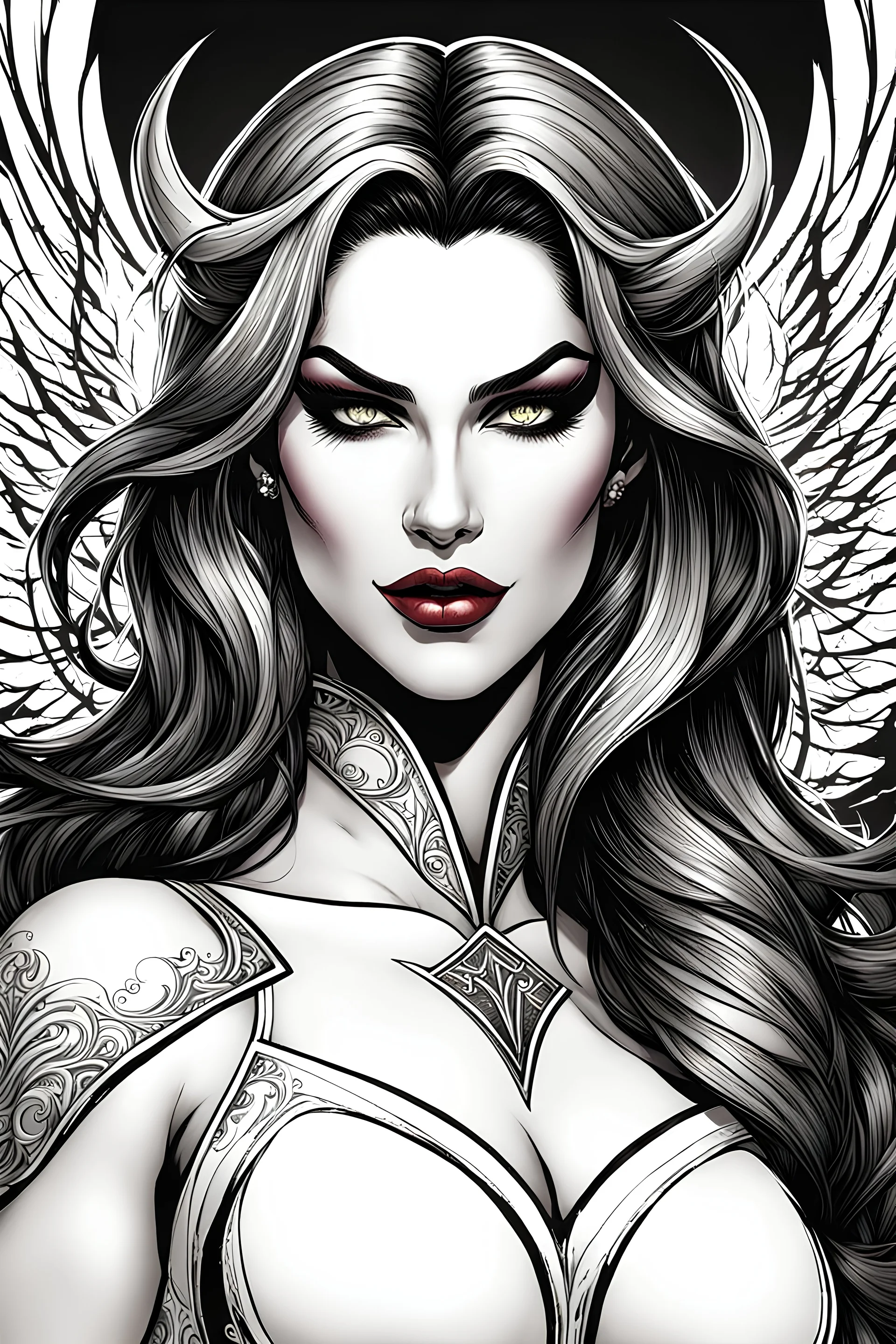 create a crimson-skinned, winged vampire goddess with demon horns, in the comic book art style of Brian Pulido and Steven Hughes with highly detailed and sharply defined feminine facial features, curvy body, finely penciled and inked