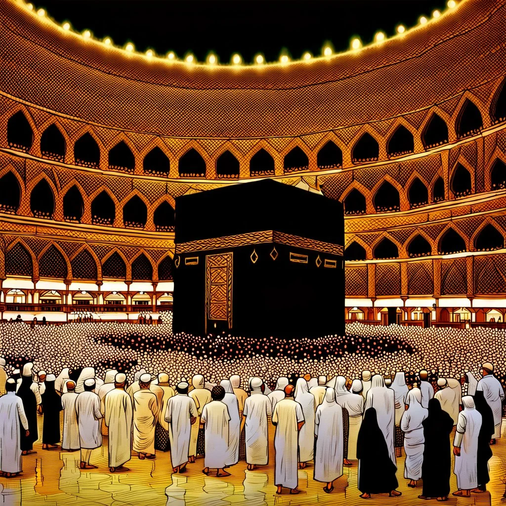 The scene in Mecca: People wearing white Ihram clothes, men without head coverings, women with veils, circumambulating around the Kaaba, and above them are transparent white spirits of children, men, and women with wings revolving around the Kaaba.