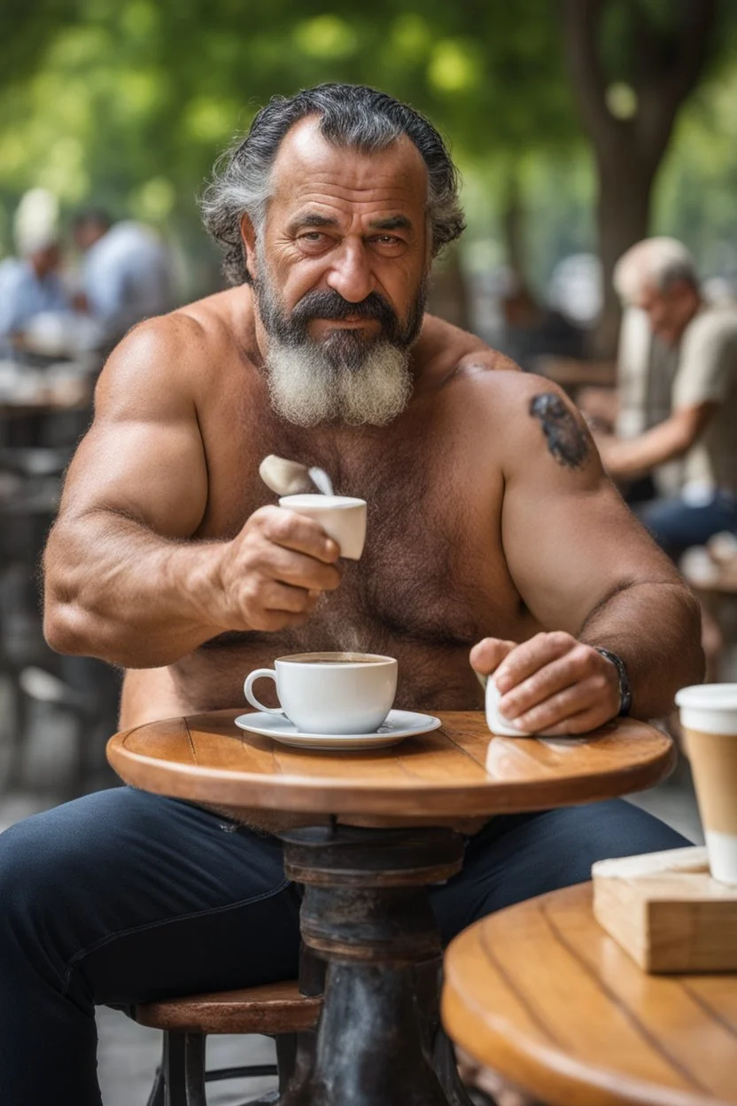 half figure photography of an ugly turkish barman servicing one coffee at the table, burly robust muscular chubby shirtless mainly chest very hairy 48 years old man, in a public park of Istambul , sunny day, sweat, wet, big shoulders, angry eyes, photorealistic