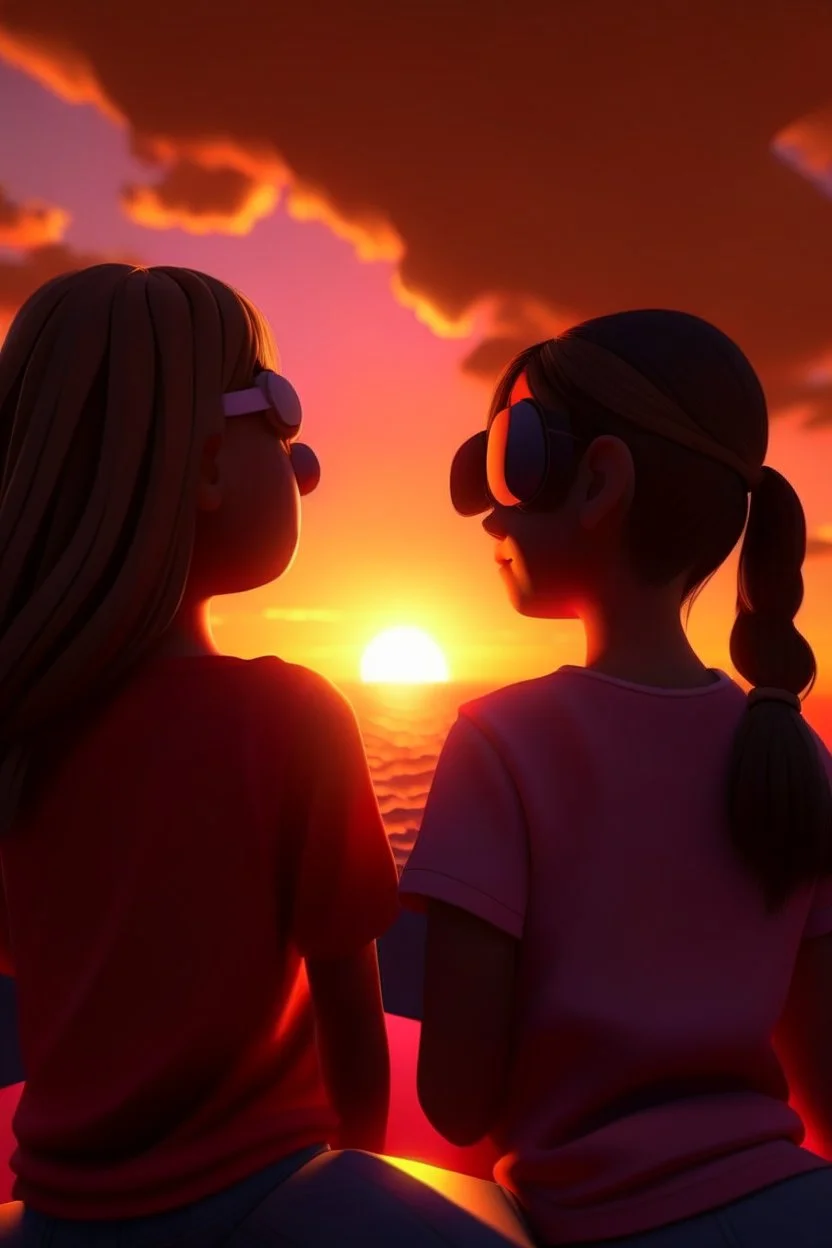 gün batımını izleyen 2 kız 3D biraz daha detaylı daha fazla detay ve 2d yüzleri hafif görünüyor yüzleri görünüyor