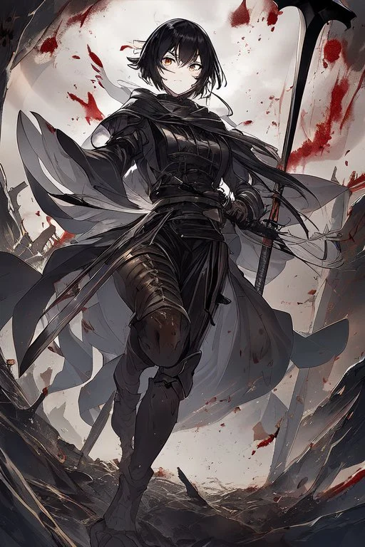 Anime girl with short black hair and sharp green eyes holding a sinister spear and sword, full body black and white metal armour, full body shot, Dark lighting,1woman, soaked in blood,Warrior