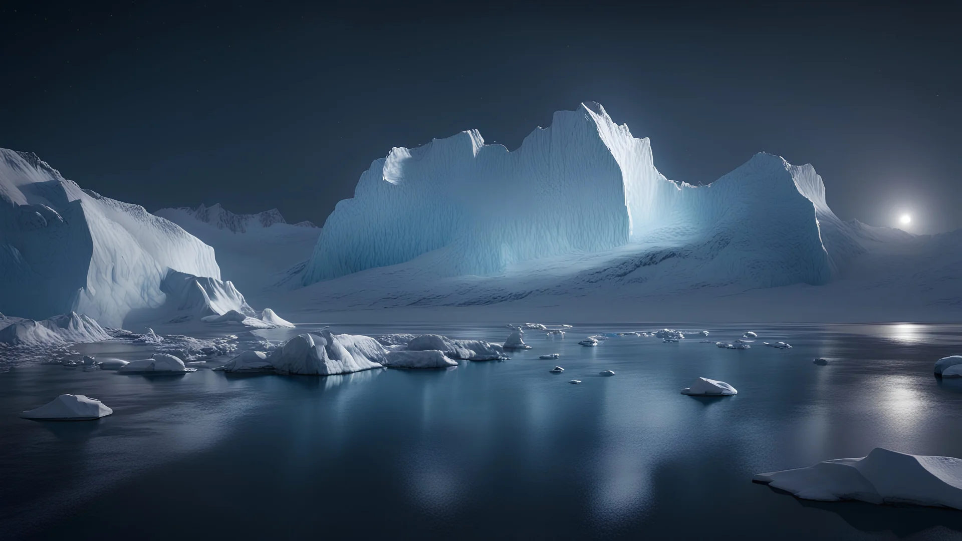 antarctica at night,glaciers,lakeside,8k, volumetric lighting, Dramatic scene,