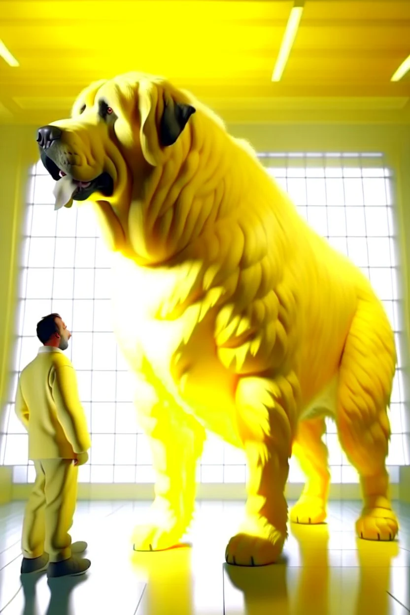 humans obey front of the huge yellow-white big dog, myistic atmhosphare. Realistic, render, 4k