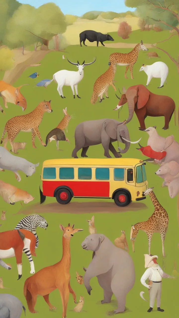 Hieronymus Bosch style , full of zoo animals bus up , 4k