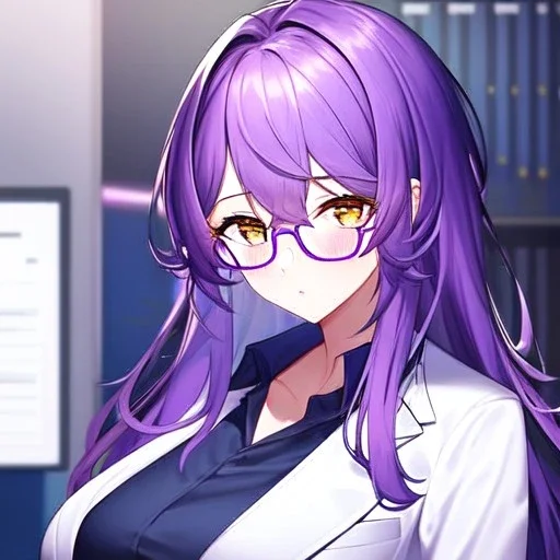 Clear focus, 8k, high quality, detailed, beautiful lighting, girl, vibrant colors, purple long hair, vibrant golden eyes, office clothes, purple glasses, messy hair,