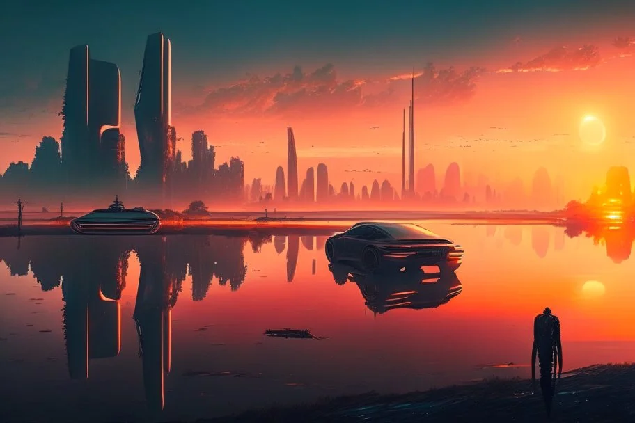 distant city, cars, sunset, lake, sci-fi, epic