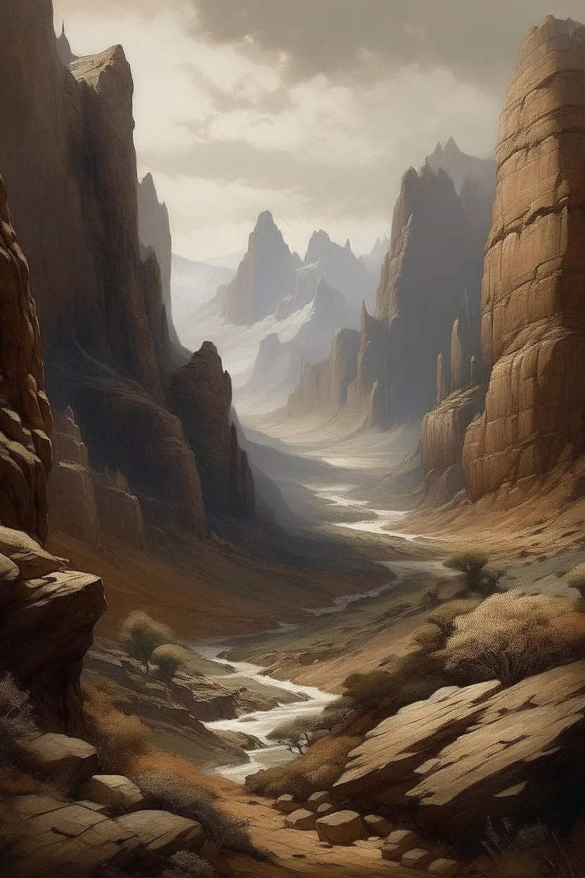 A brown rocky mountain near a canyon painted by Zhang Lu