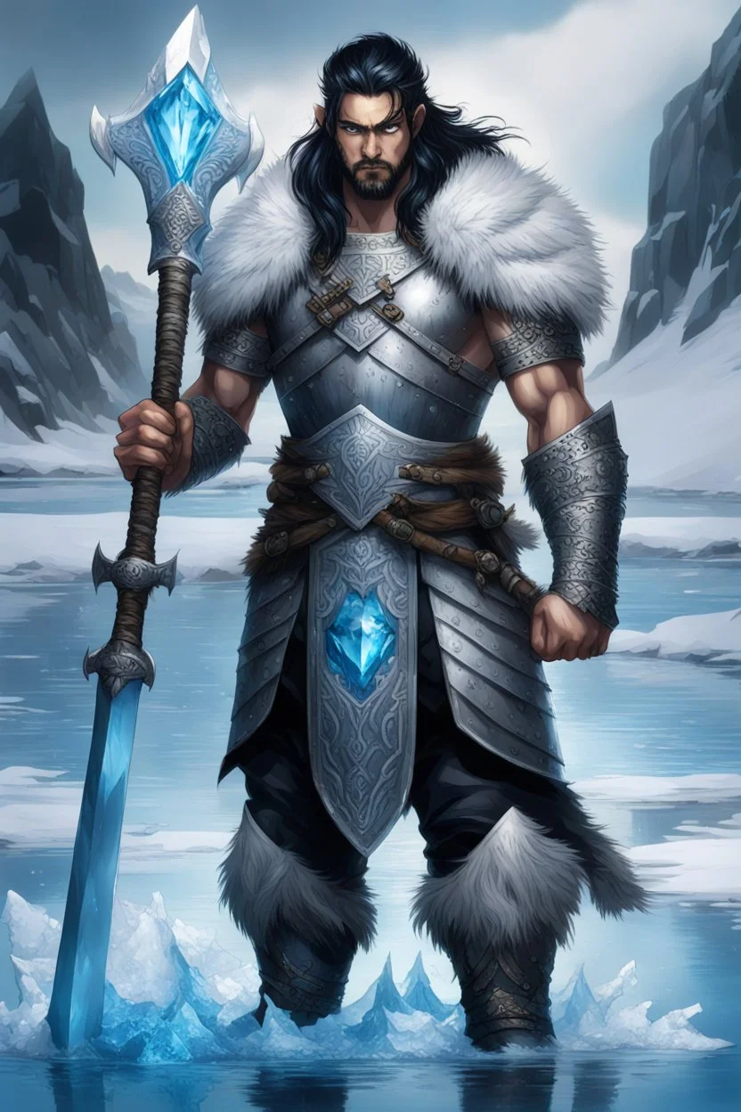 1 mana warrior, with blue eyes and black hair man in silver Viking armor with fur around the neck with blue crystal on his chest , standing in water in the artic, holding a ice axe, warrior in anime style,