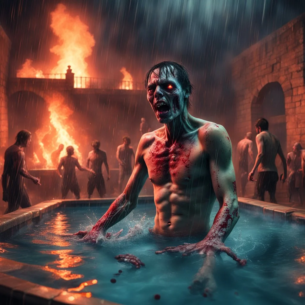 Hyper Realistic male zombie pool party at heavy rainy night inside a burning castle