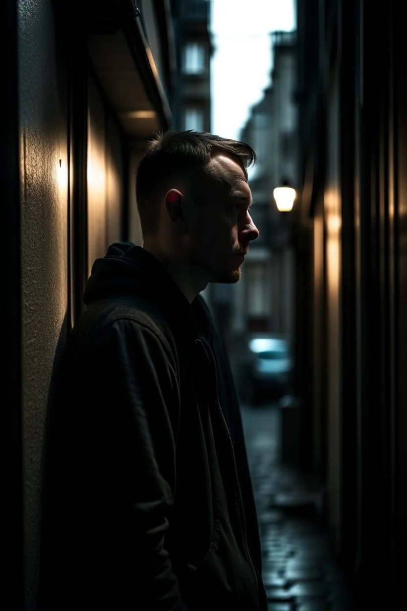man in dark clothing, hiding around a corner., looking out on a brightly lit street