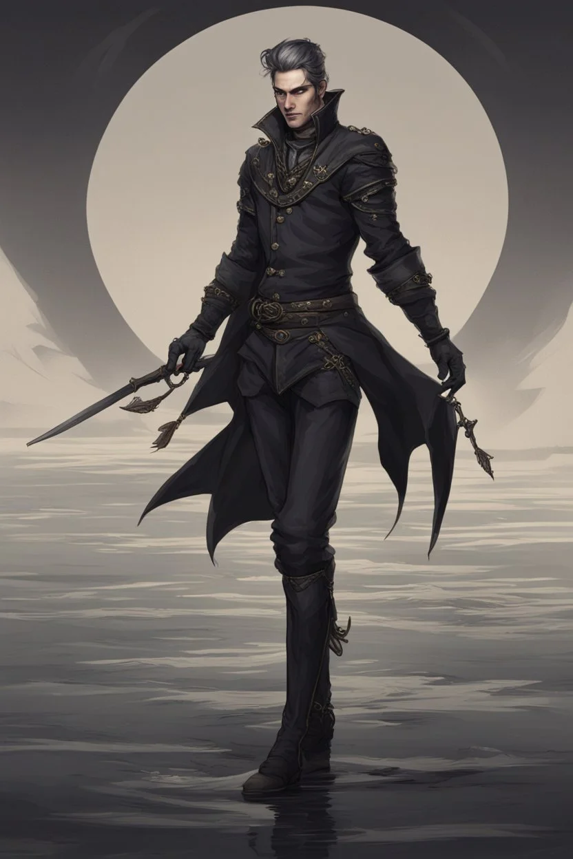 a fantasy sailor wearing dark clothing, male