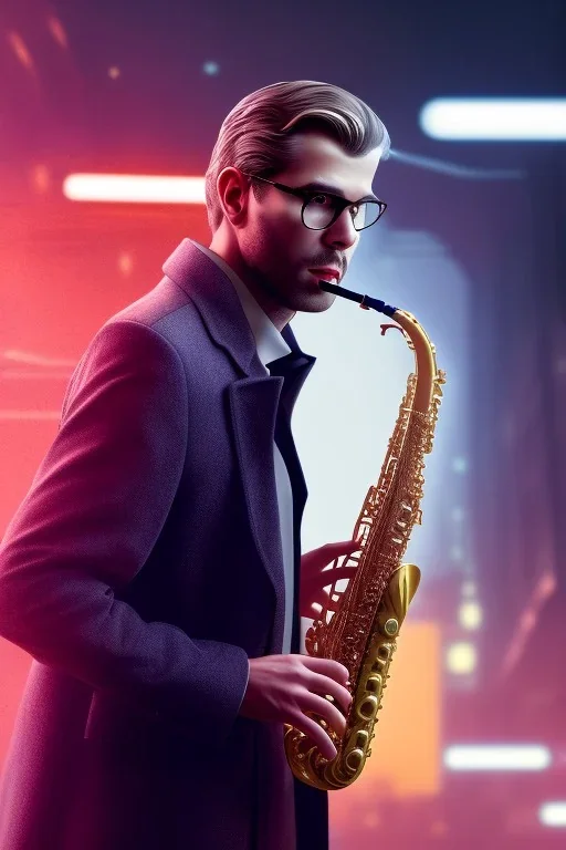 saxophone player, caucasian man, big hair, film noir setting, blade runner, volumetric lighting, particals, intricate detail,realistc, close up