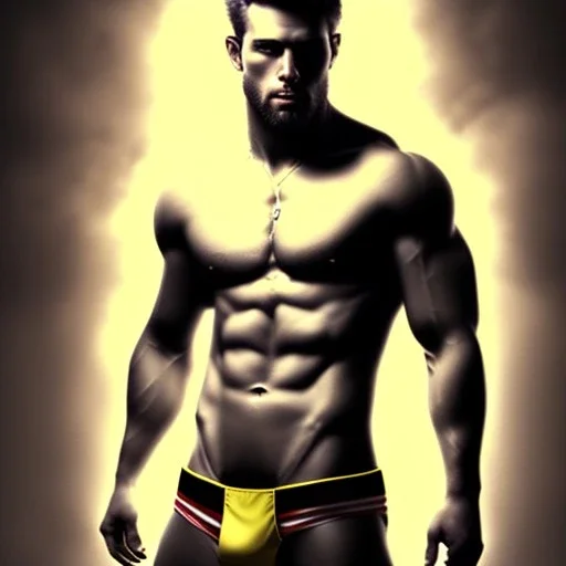 Ignore NSFW, teenager young rugged attractive slightly muscular fantasticly handsome blonde man, red briefs with yellow belt, hairy chest, (((visibly pisssing))) briefs, large erect visible boner peniss, photorealistic, artist Jay Anacleto, soft lighting, scruffy beard