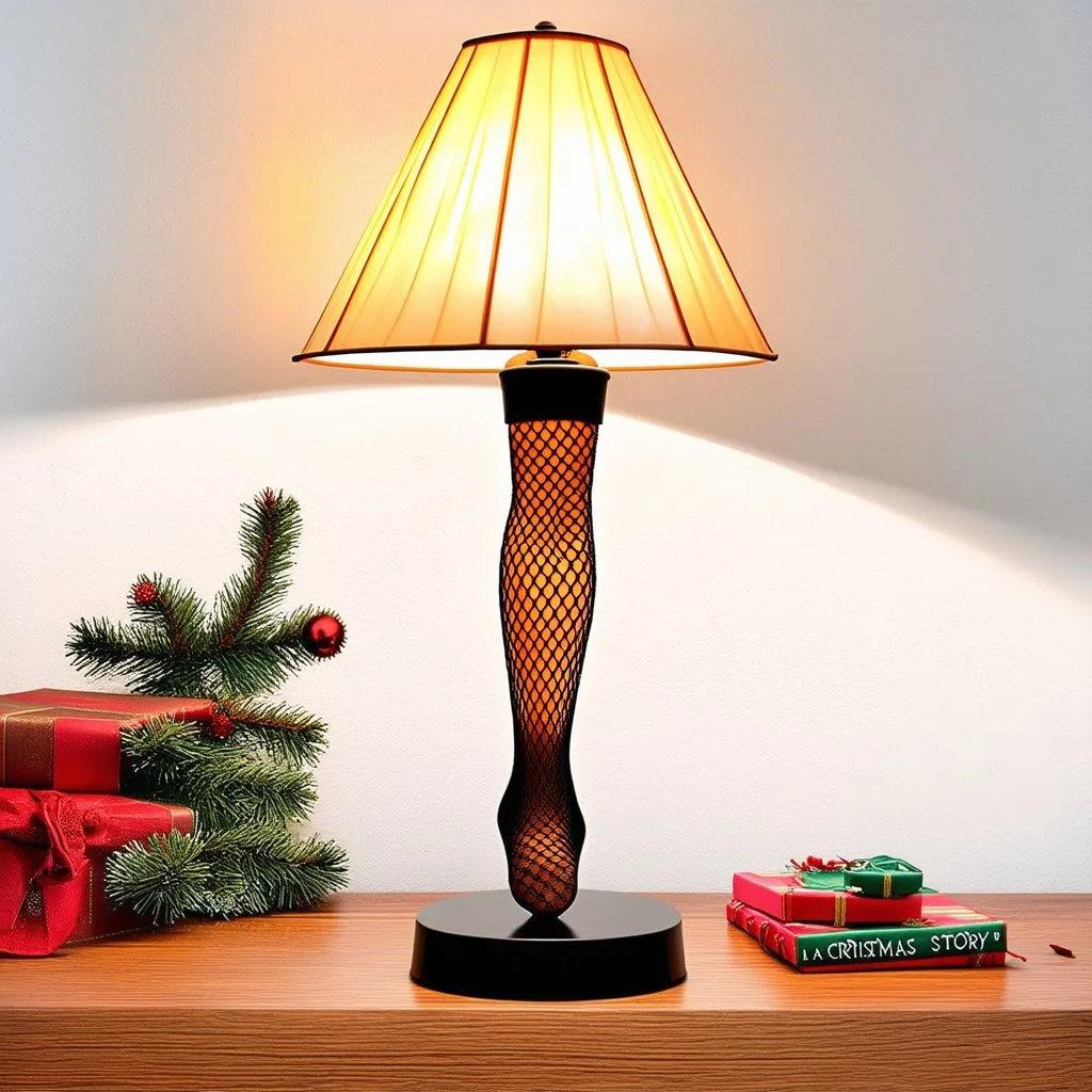 Modern movie poster of "A Christmas Story" by John Alvin, gaudy desk lamp which the lamp stem looks like a women's leg with fishnet stocking, movie poster, colorful movie still, 1940's aesthetic