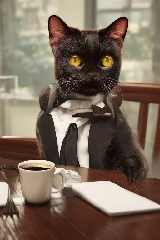 Chat noir en costard avec des lunettes assis à une table avec une tasse de café, ultra réaliste, 4k, haute résolution