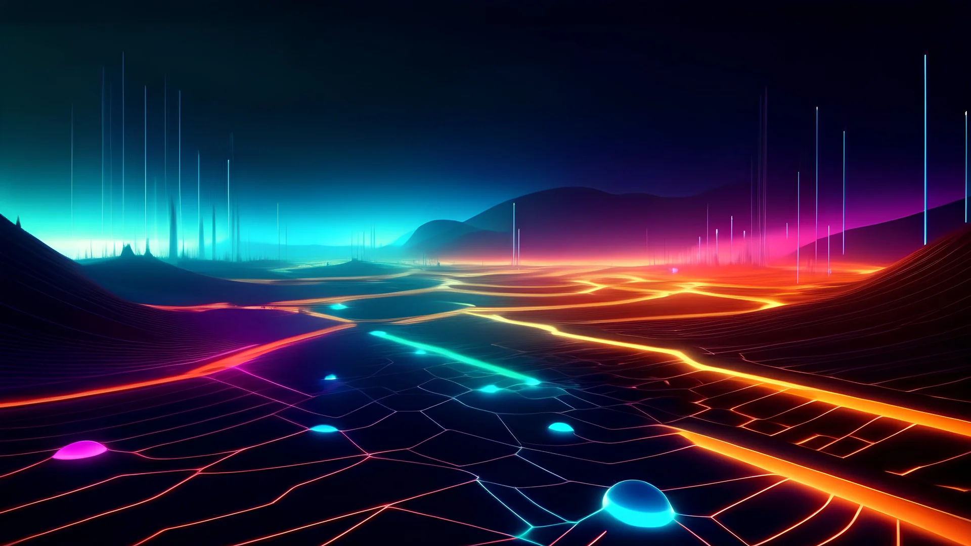 Unveiling the Secrets of Online Earning Strategies": Generate an image showcasing a futuristic digital landscape with pathways representing various online earning strategies illuminated by vibrant lights.