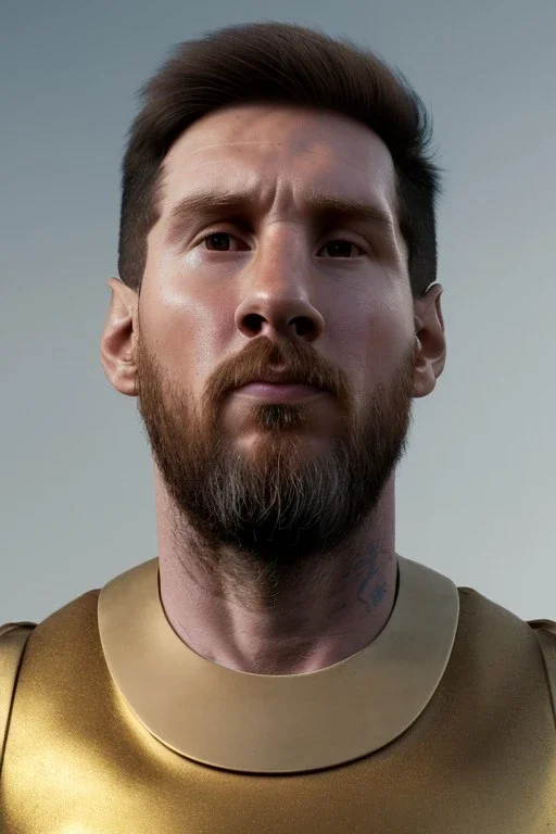 Realistic image, lionel Messi sculpture, white marble material with gold veins, gold laurel leaves crown, gold ornaments, Renaissance style, sun rays background, waist up portrait, epic, celestial, cinematic lighting, God lights, 4k resolution, smooth details, soft lighting, unreal engine 5, art station, substance 3d.