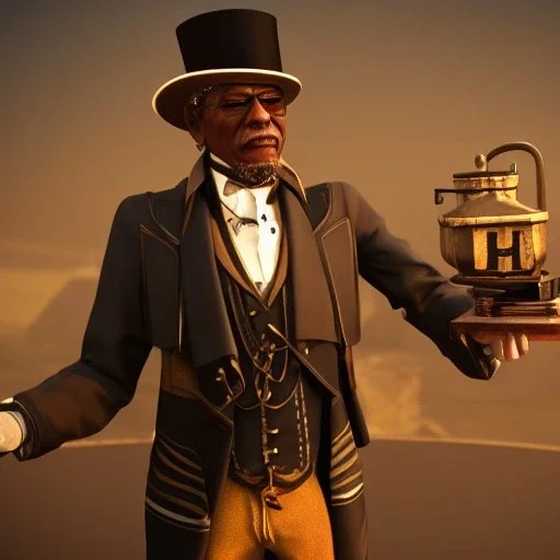 Morgan Freeman steam punk character in top hat with monocle very detailed cinematic unreal engine photo realistic