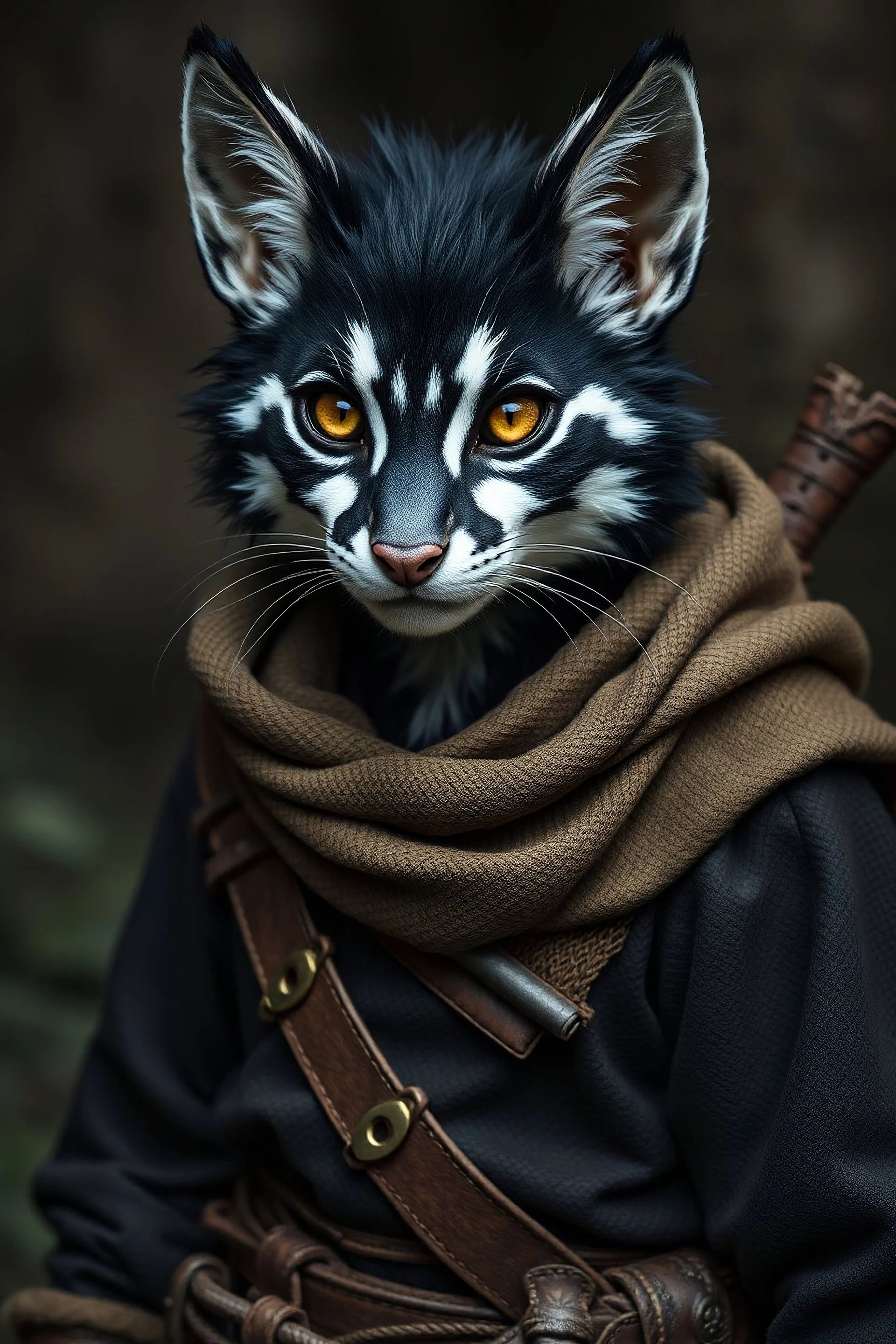 Tabaxi young male with black and white fur wearing medieval rogue clothes