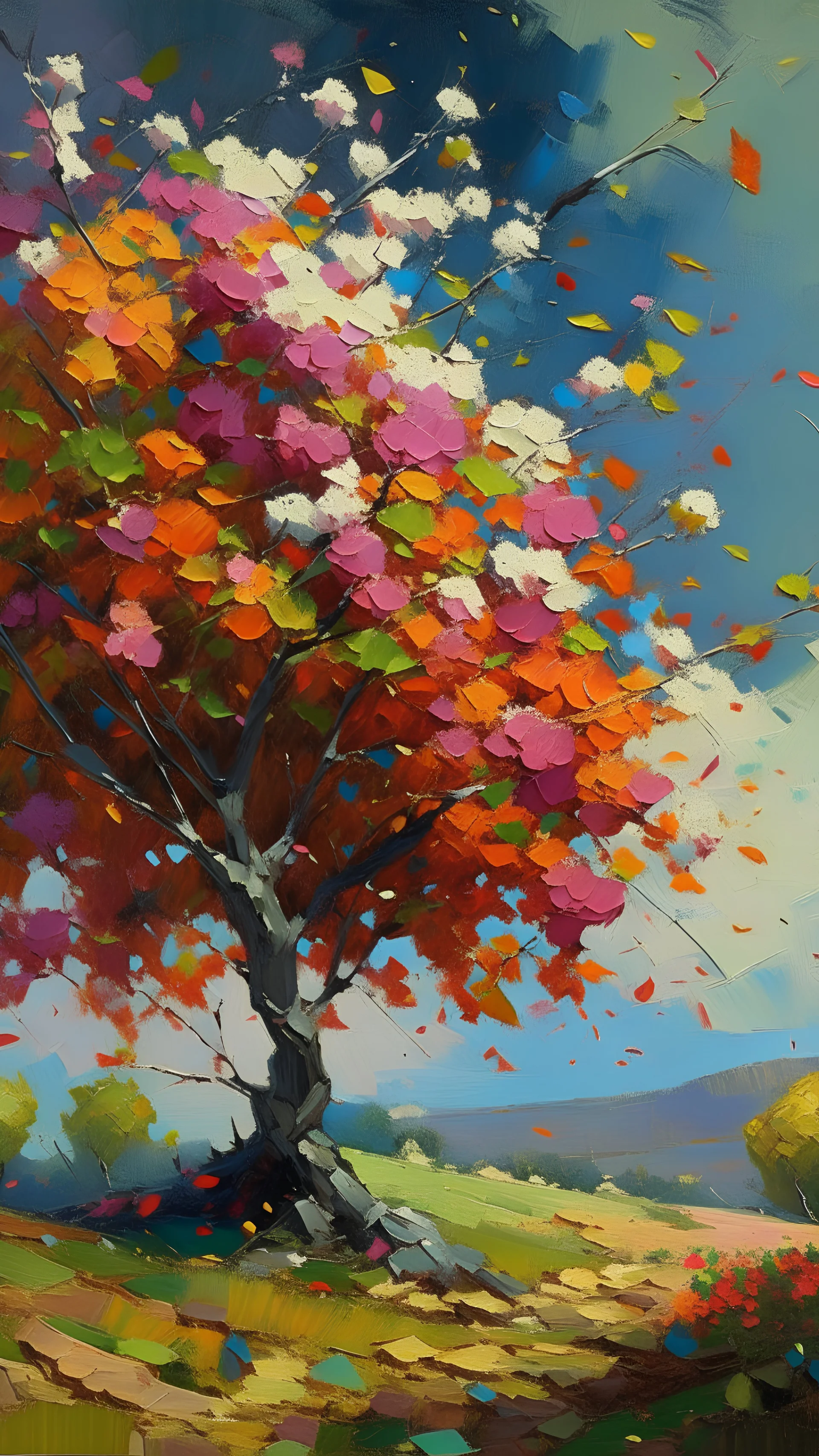 impressionism-style oil painting of beautiful flowers falling from a big tree with a view in the background