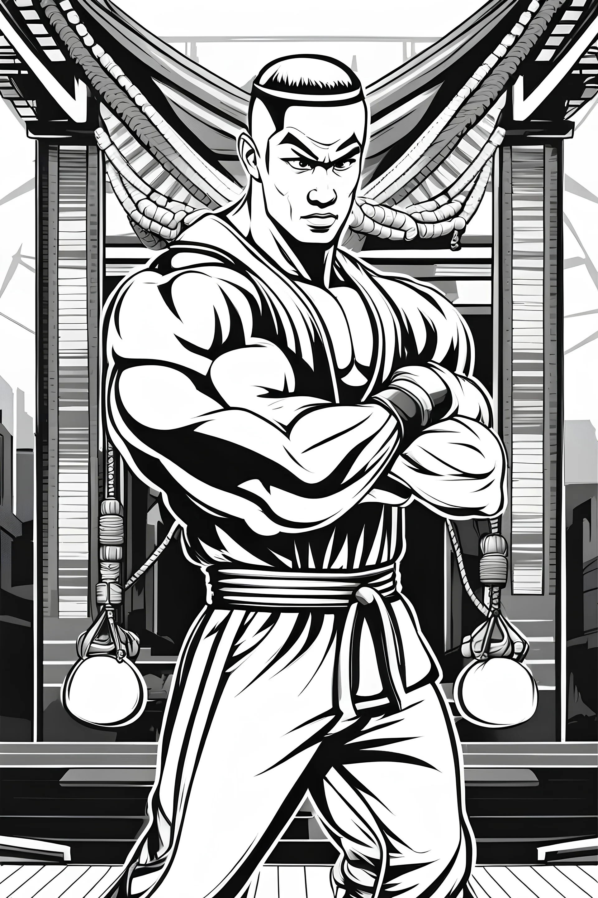 outline art for martial arts character coloring pages with Muay thai master posing, gym background, bold lines, Sketch style, full body, only use outline, clean line art, gym background, no shadows and clear and well