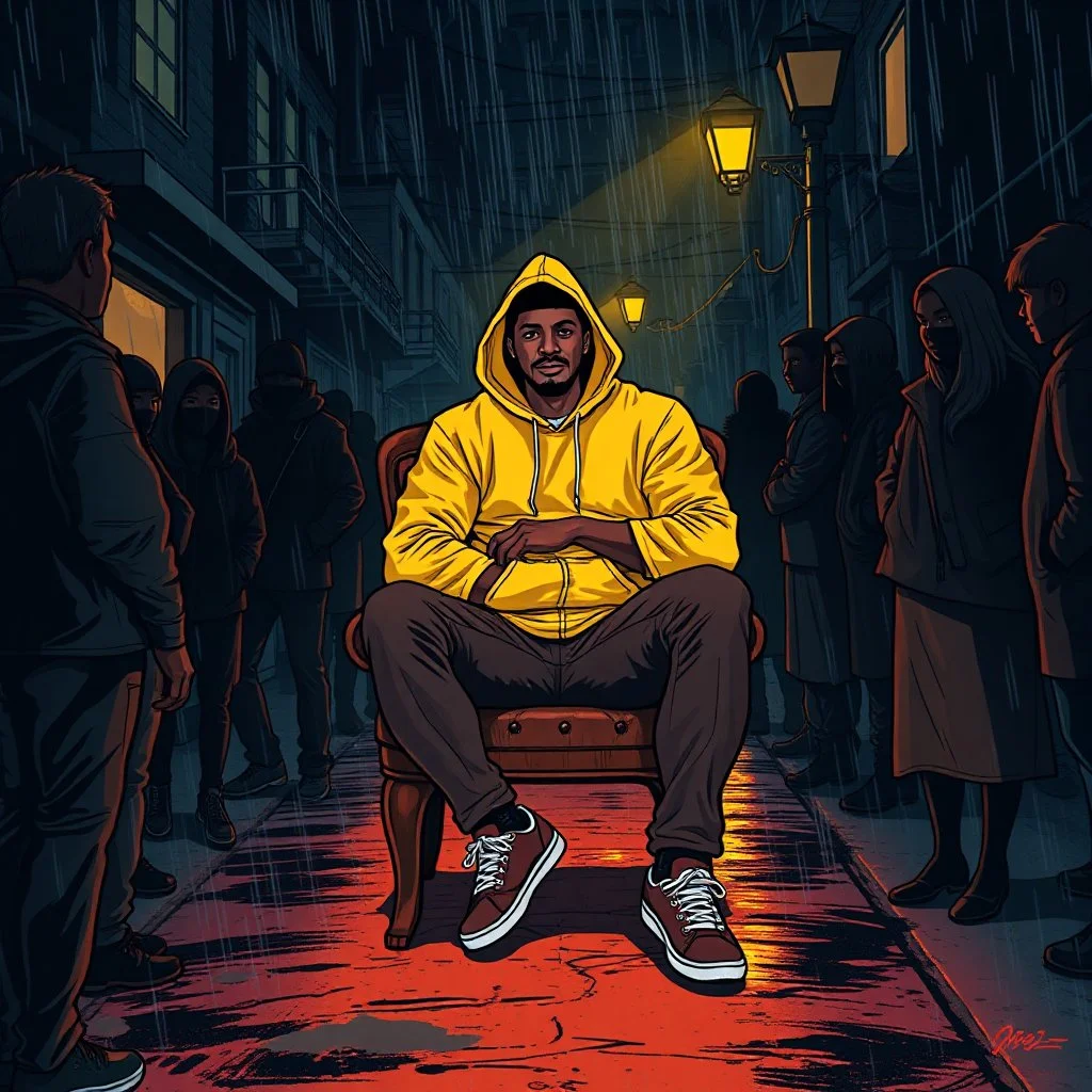 Aerial View Of A Dark Street In Which Dark Silhouette Of People Talking Surrounding A Well-Built Man (Age 24) Covered In A Yellow Hoodie Sitting On A Rustic Chair And Posing With Swag With His Legs Straight, All Of This In Comic Art Style (Using Colors Navy-Blue, Maroon, Orange, Neon-Green And Brown) Along With A Street Light And Heavy Rainfall Giving Overall A Dramatic & Cinematic Ambiance.