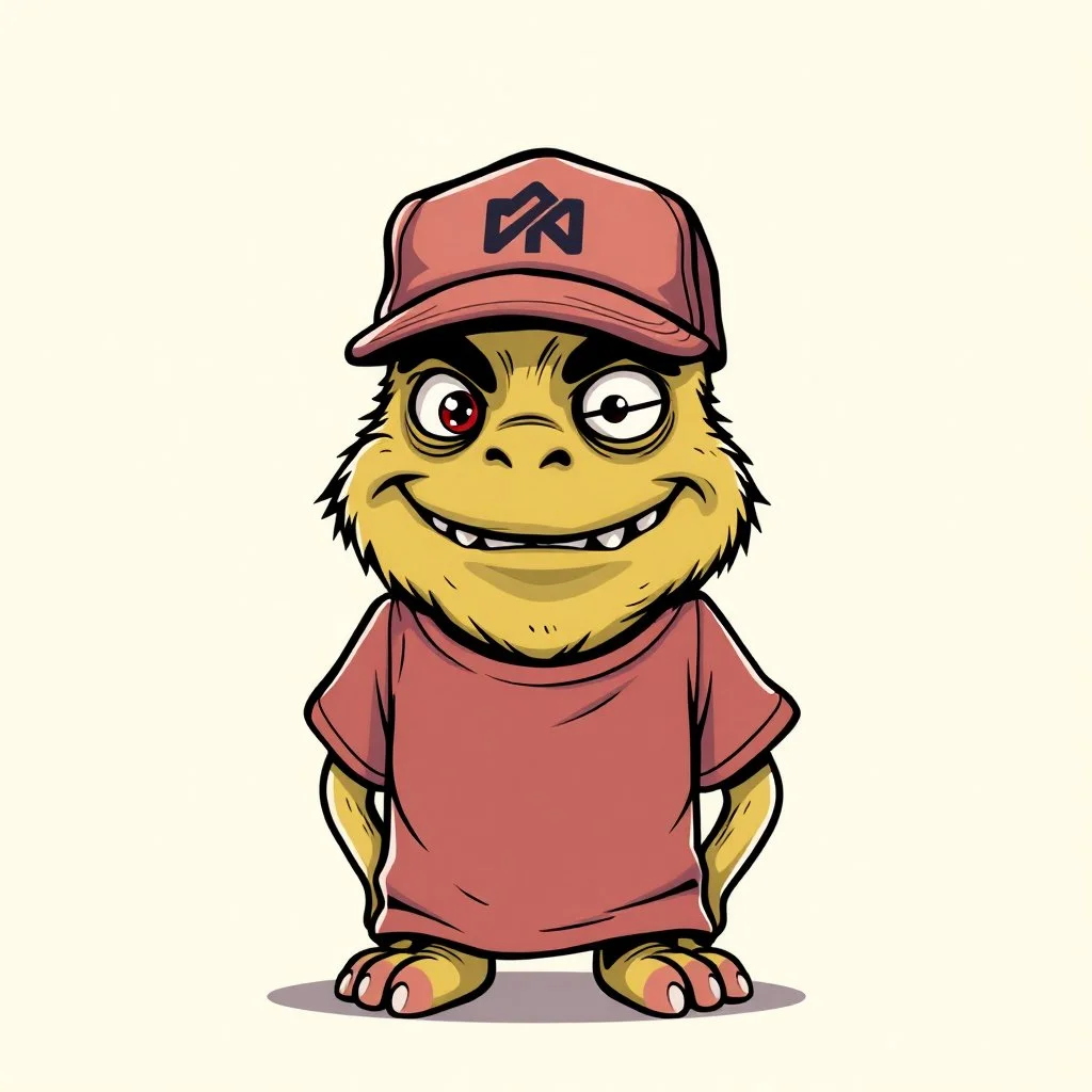 cartoon monster wearing a ballcap and T-shirt on solid color background