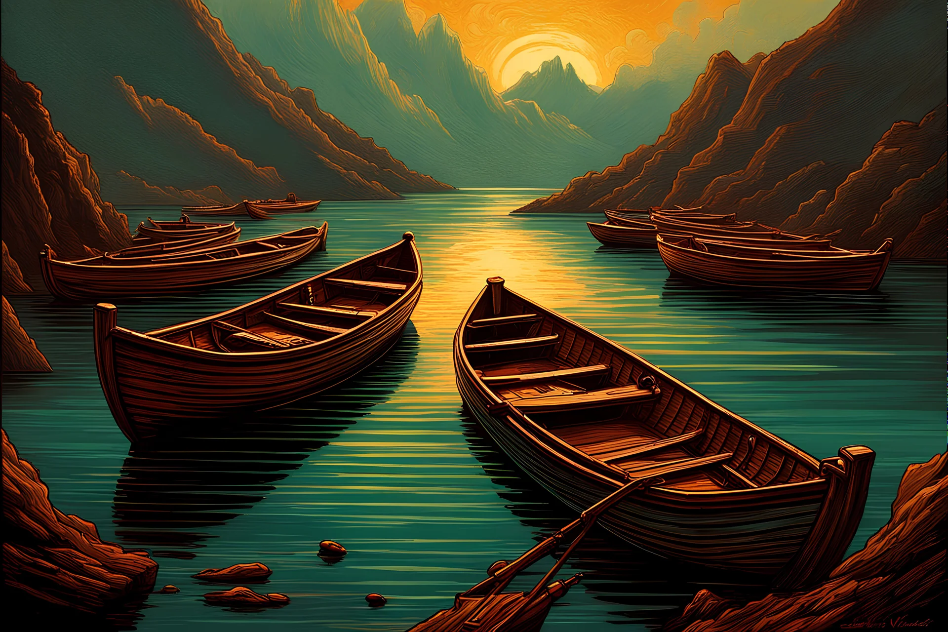 a row of boats, in the style of dan mumford, high detailed, elihu vedder, smokey background, colorful, eye-catching compositions, rim light, flat brushwork