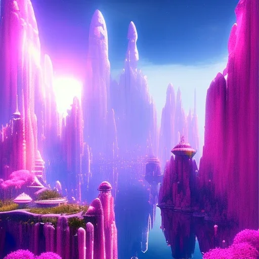 A very beautiful futuristic city, arches, elegant, small crystal edifices, atmospheric, realistic, cinematic lighting, pink blue light, 8k, galactic atmosphere, flowers