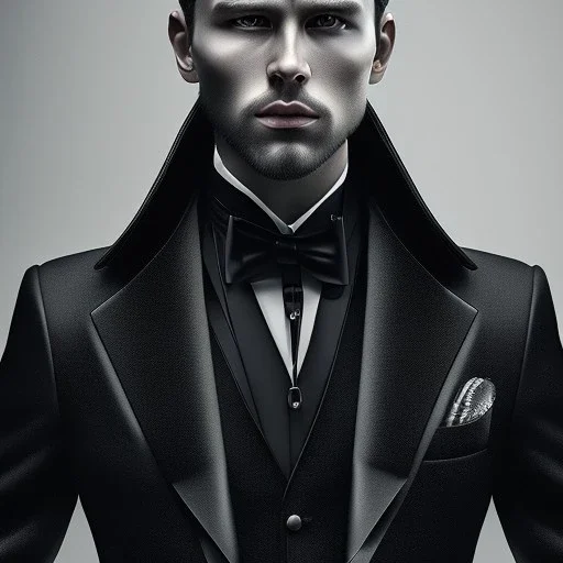 Portrait of Elegant man in black, serious, confident, look down, hyperrealism, masterpiece, expert, 8K, dramatic lighting, sharp focus, dark, black