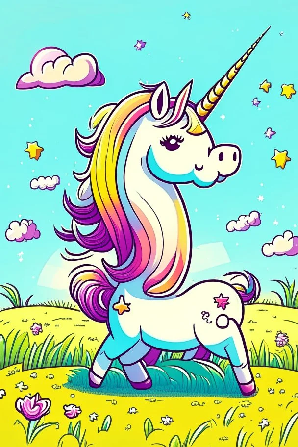 kids illustration, a cute unicorn playing in field, cartoon style, thick line, low details, vivid color