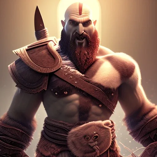 isometric clean art of super cute god of war, full body shot, soft lighting, soft pastel gradients, high definition, 3d icon clay render, blender 3d