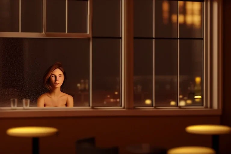 woman sitting in a cocktail bar next to a window, outside the window is a city police station in window view, atmospheric ,night lighting,rainy, realistic, unity engine, cinematic lighting, octane render.