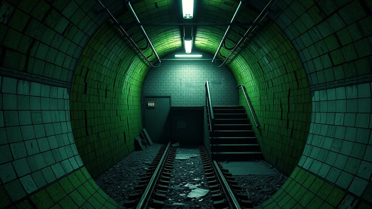 GAME CONCEPT ART .two poin perspective.Station platform and stairs from side .photograph inside of hole .very big ambient.gient station.Inside the old subway tracks, . Low light and closed green moss walls. Like the original design of the game space ,digital art.landscape,far camera old painting,2 Chen and George Hopper, Rembrandt lighting, a dark green color scheme, . --ar 13:16 --v 6. 0 metro game