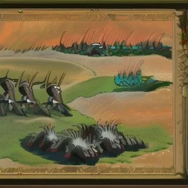 The hunters and hounds; a small part of nobles is riding out to hunt for a stag or other large animals. At least one of their hounds can be seen running ahead (or a whole pack, if you want to draw a few dogs).