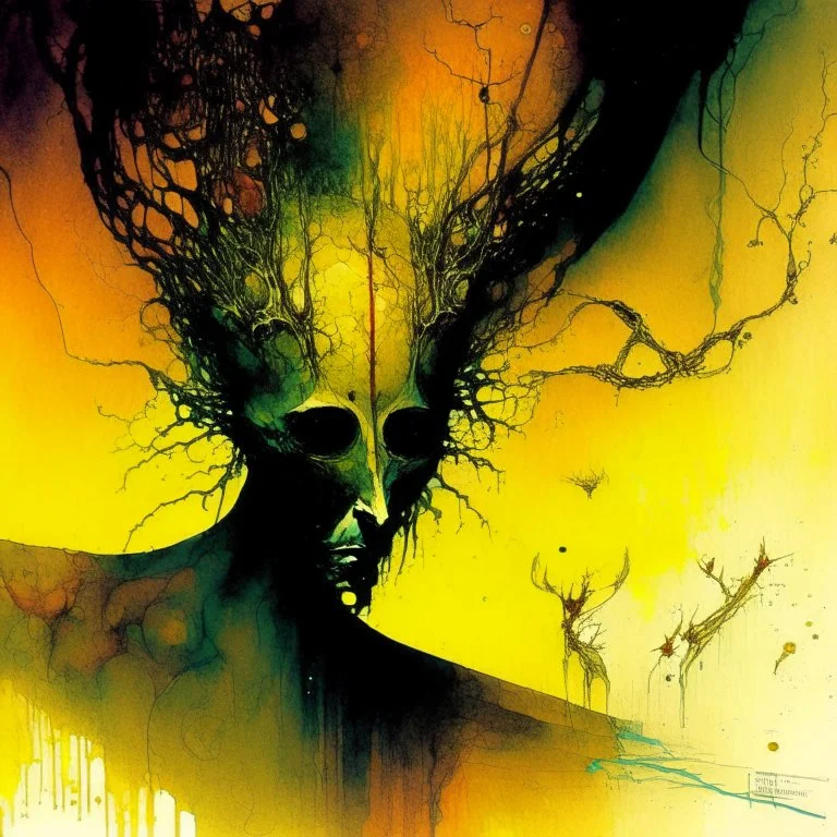 Strychnine Lovecraftian biomechanism, abstract surrealism, by Dave McKean and Zdzislaw Beksinski and Kay Neilsen, macabre mind-bending watercolor and ink illustration; warm colors, off-centered fragmented composition, dark shines war, acid burn colors