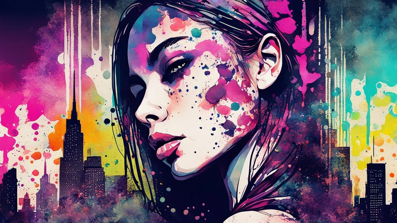 watercolor, various width and energetic brush strokes, trippy neon splashes, splatters, speckles, close-u p, woman, side profile, half face with detailed lips, blending with half face with cityscape, cool, dark background, aesthetic, contrasting background, signature by supersy, illustration, painting, poster, photo, cinematic, architecture, vibrant, dark fantasy, dark colors, Luis Royo & Raymond Swanland & Alyssa Monks & Anna Razumovskaya