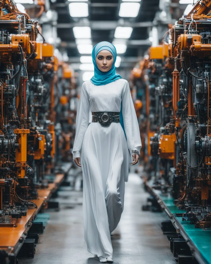 potrait cinematography colors a beautiful woman hijab humanoid robot mechanical walking in between two rows of complex machinery with vibrant colors