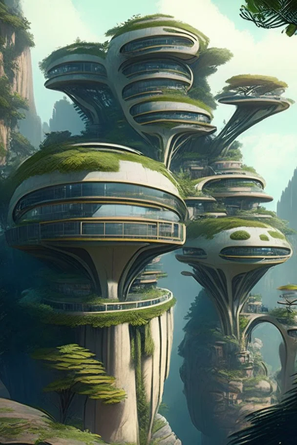 many round alien buildings with balconies overhanging a cliff top with bridges and trees and rampant foliage