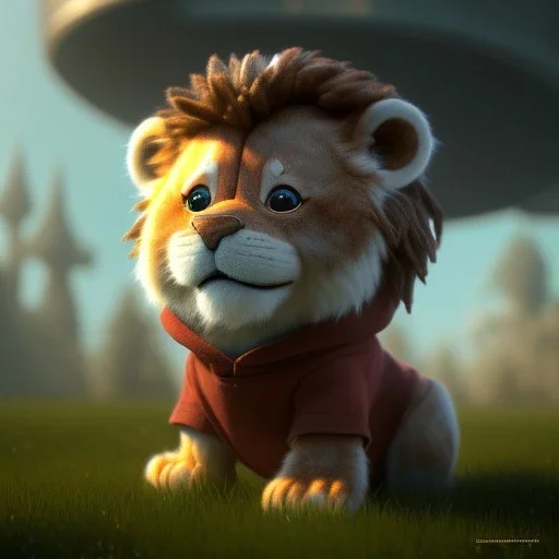 Concept art of Little mascot lion wearing a hoodie (Pixar art style)++, highly detailed, digital painting, art stations, concept art, smooth, unreal engine 5, god rays, ray tracing, RTX, nanite polygons, lumen lighting, ultra detail, volumetric lighting, 3d, detailed anime, finely drawn, high definition, high resolution, cartoon [ animation, cartoon, drawing, painting, low res, cropped, watermark, jpeg artifacts, low quality, normal quality, bad anatomy, text error, worst quality, blurry thousan