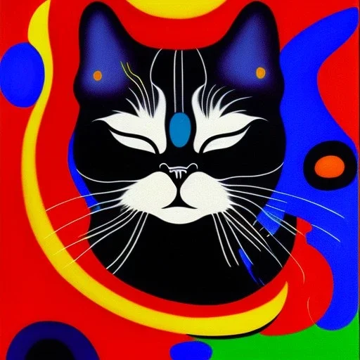 oil portrait of tricolor pattern Cat sleeping in a black sofa by Joan Miró 8k